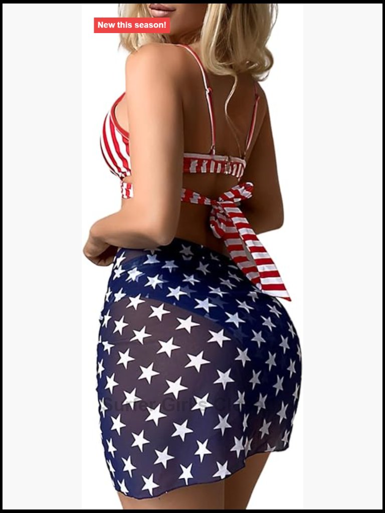 Patriotic 3-Piece Bikini Set With Mesh Skirt Cover Up, Underwire Bralette